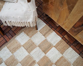 Hand Woven Jute Rug: Bohemian Checkered Rug, Custom Size