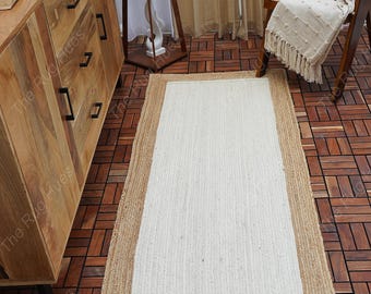 Handwoven Off White Jute Runner Rug: Bohemian Hallway Rug