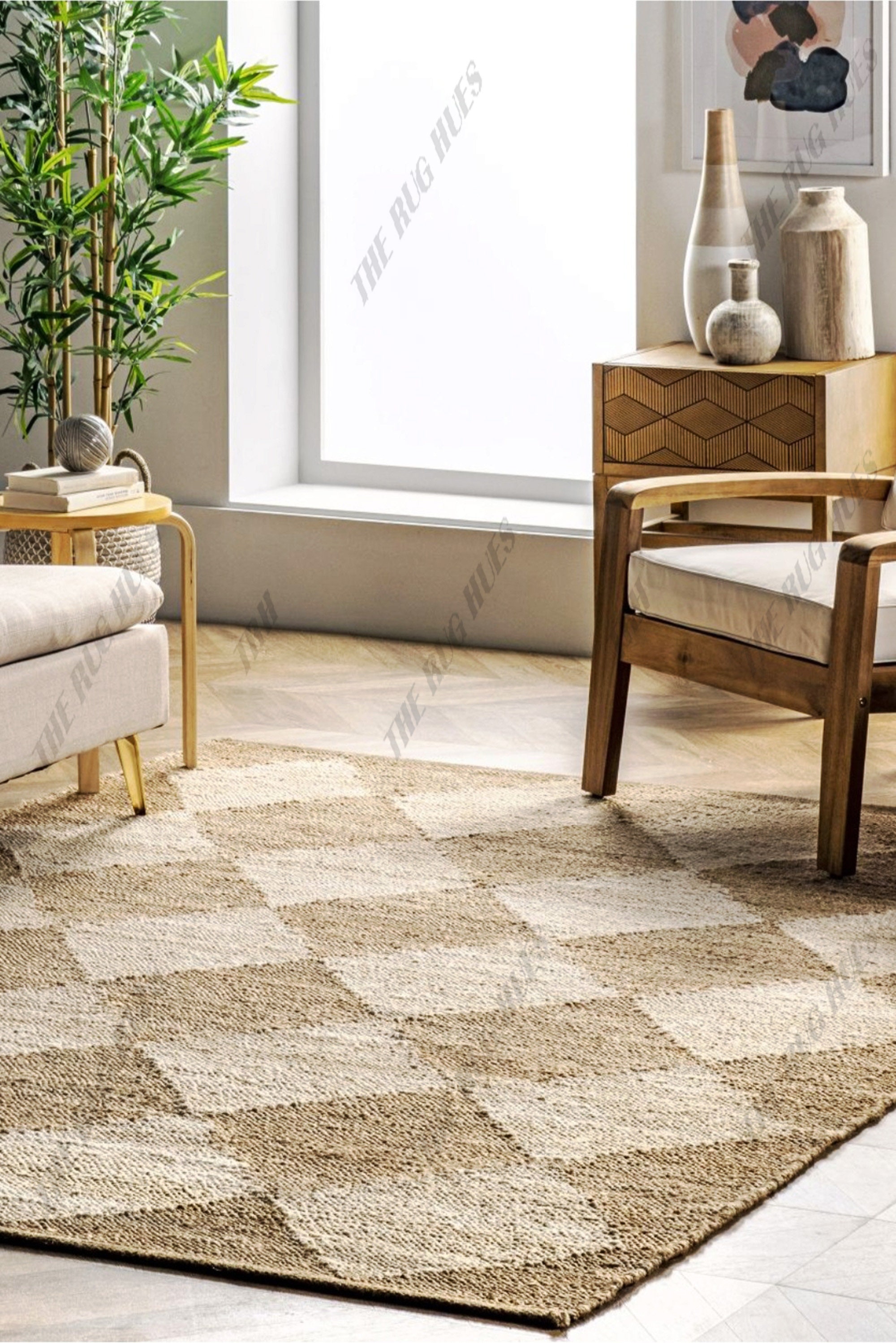 Bohemian Natural Jute Rug, Box Pattern Area Rug, Boho Jute Rug, Home Decor Rug, Custom Size Rug