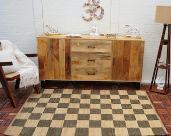 Hand Woven Jute Rug: Bohemian Checkered Rug, Custom Size