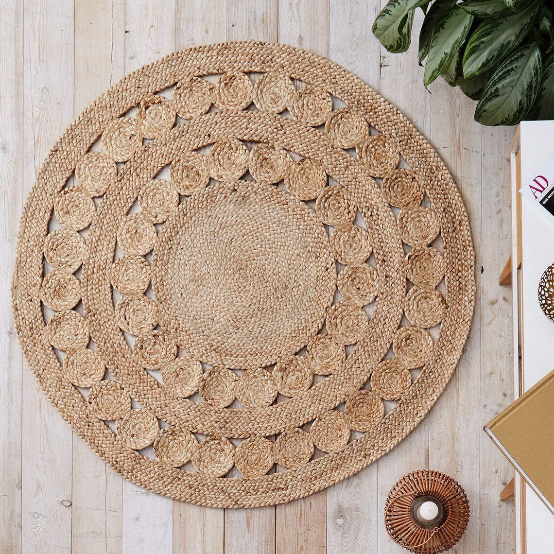 4x4, 5x5, 6x6, 7x7 Jute Natural Round Rug, Designer Round Rug Braided Jute Rug, Boho Rug, Eco