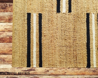 Boho Stripe Jute Rug: Natural Hemp Area Rug, Custom Size