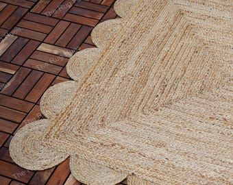 Handbraided Scalloped Jute Area Rug: Boho Modern Decor