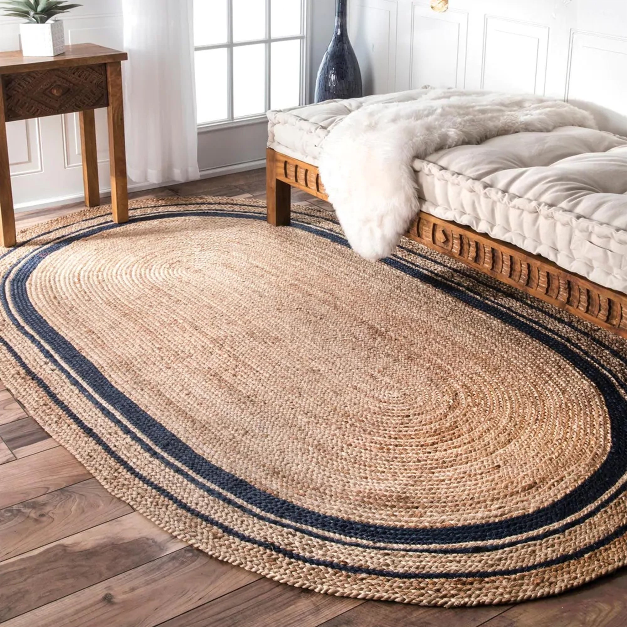 Oval Braided Jute Rug in Cream White, Grey, Black, Navy Blue