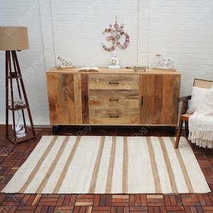 Striped Jute Rug: Natural Fiber Boho Area Rug, Custom Size