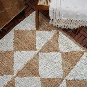 Diamond Checkered Jute Rug: Beige White Boho Hallway Runner