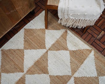 Diamond Checkered Jute Rug: Beige White Boho Hallway Runner