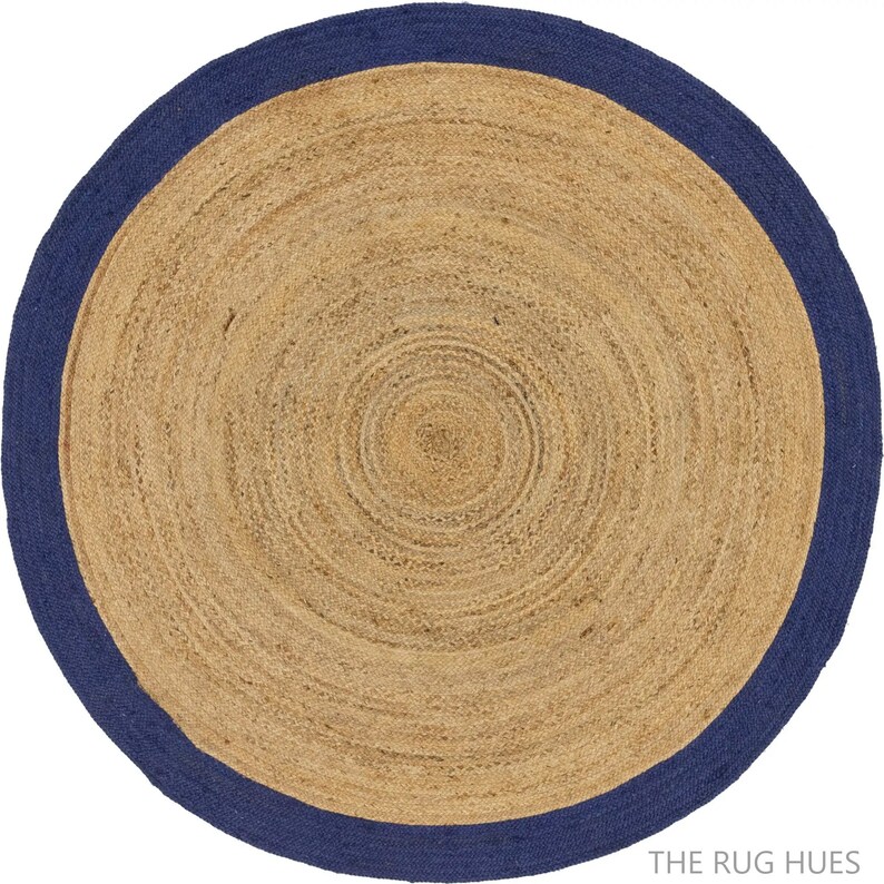 4x4, 5x5, 6x6, 7x7 Jute Natural Round Rug With Navy Border Braided Jute