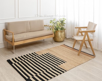 Black Striped Jute Rug: Handwoven Boho Entryway Runner