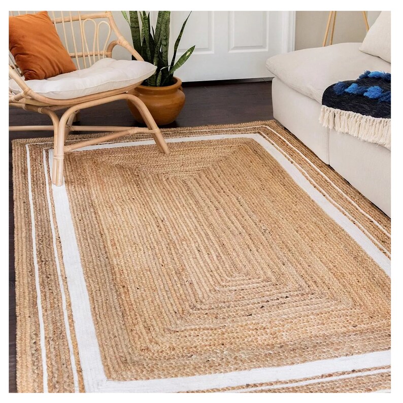 Natural Jute Braided Rug 5x8 6x9 8x10 Border Jute Rug Etsy