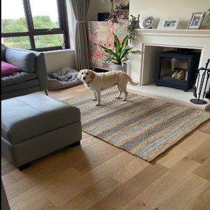 Handwoven Striped Jute Rug: Natural Boho Area Rug, Custom Size