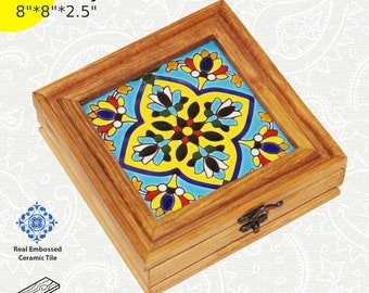 Handmade Wooden Jewelry Box with Embossed Decorative Ceramic Tile, 8*8*2/5 In
