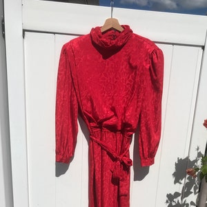 80's Turtleneck Red Puff Sleeve Floral Dress image 1