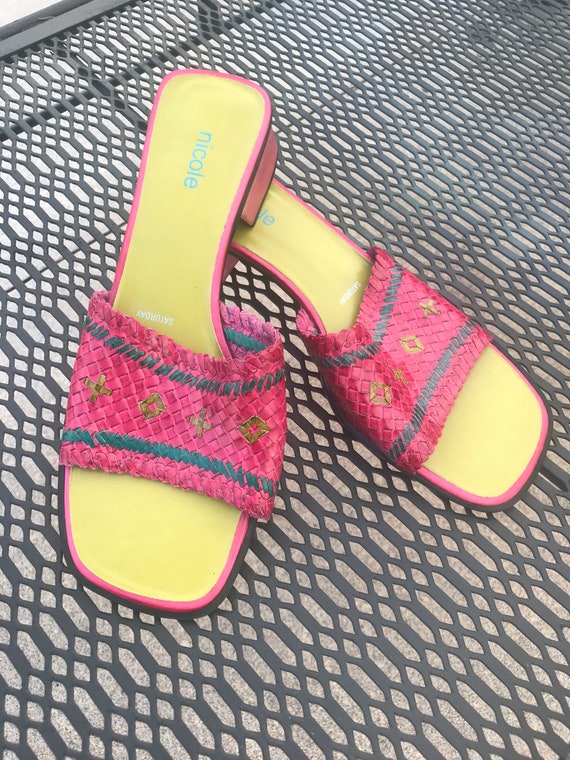 Y2K Color Block Weave Slip On Leather Chunky Heel… - image 2