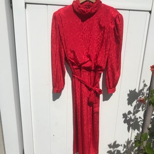 80's Turtleneck Red Puff Sleeve Floral Dress image 4