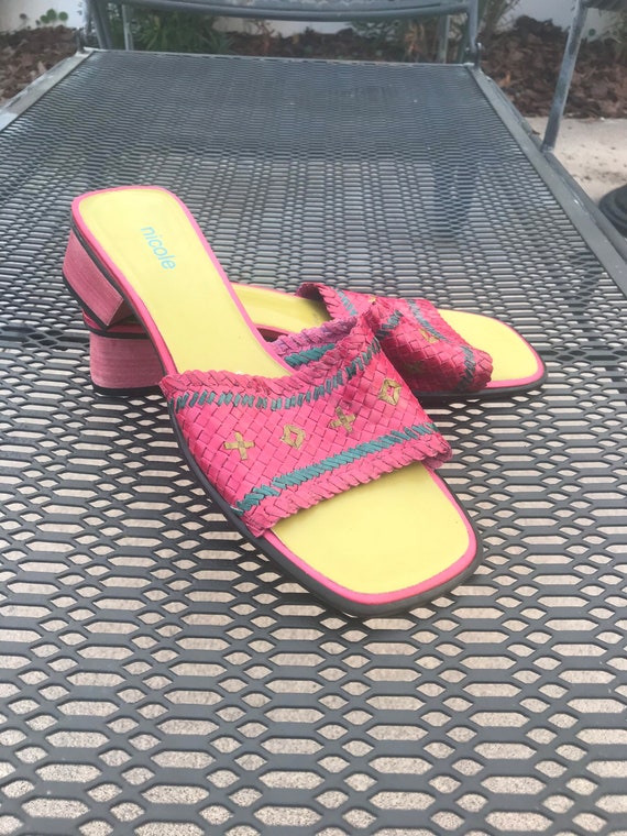 Y2K Color Block Weave Slip On Leather Chunky Heel… - image 3