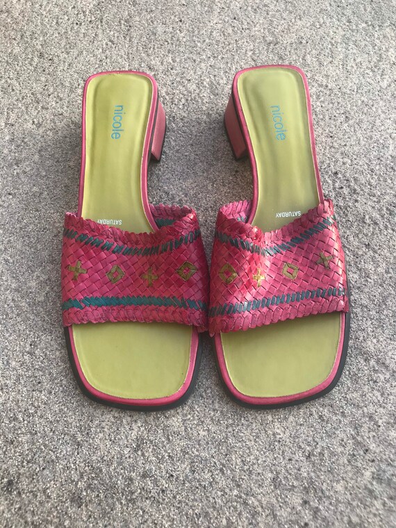 Y2K Color Block Weave Slip On Leather Chunky Heel… - image 4