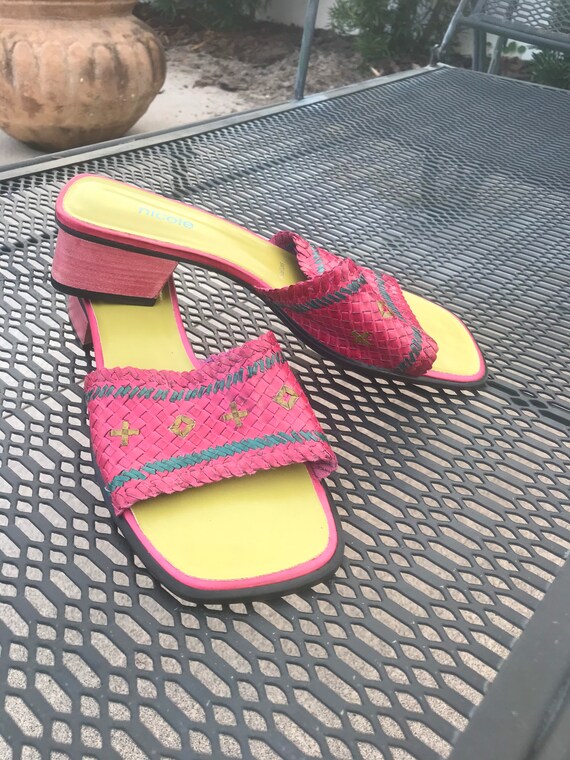 Y2K Color Block Weave Slip On Leather Chunky Heel… - image 5