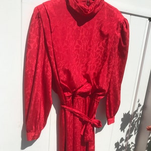 80's Turtleneck Red Puff Sleeve Floral Dress image 2