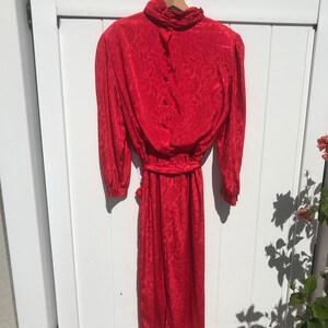 80's Turtleneck Red Puff Sleeve Floral Dress image 3