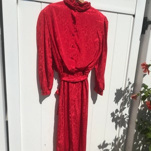 80's Turtleneck Red Puff Sleeve Floral Dress image 5
