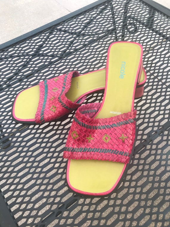 Y2K Color Block Weave Slip On Leather Chunky Heel… - image 1