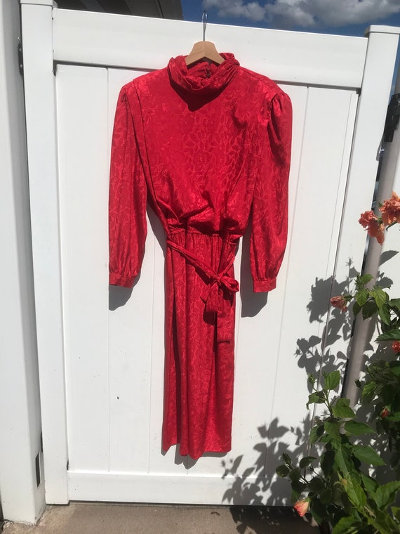 80's Turtleneck Red Puff Sleeve Floral Dress - image 1