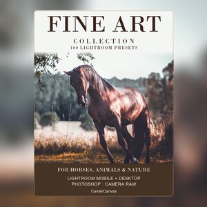 Puede incluir: Una pantalla de producto digital que muestra un caballo marrón en un campo con el texto FINE ART COLLECTION 100 LIGHTROOM PRESETS FOR HORSES, ANIMALS & NATURE, LIGHTROOM MOBILE + DESKTOP, PHOTOSHOP, CAMERA RAW y la marca CanterCanvas.