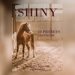 May include: A digital product advertisement featuring a brown horse standing in a stable. The text reads SHINY, 10 PRESETS LIGHTROOM, and MOBILE + DESKTOP PHOTOSHOP. The image has a warm, sepia-toned aesthetic with light filtering through the slats.