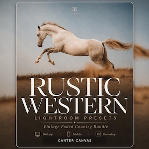Könnte beinhalten: Eine digitale Produktgrafik mit einem weißen Pferd, das über ein Feld springt. Der Text lautet 31, RUSTIC WESTERN LIGHTROOM PRESETS, Vintage Faded Country Bundle, Desktop, Mobile, Ps Photoshop und CANTER CANVAS. Die Farbpalette ist in Braun und Blau gehalten.
