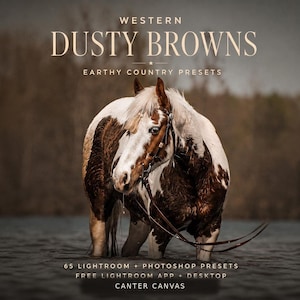 Op de afbeelding: Een bruin en wit gevlekt paard staat in het water. De tekst luidt: WESTERN DUSTY BROWNS EARTHY COUNTRY PRESETS 65 LIGHTROOM + PHOTOSHOP PRESETS FREE LIGHTROOM APP + DESKTOP CANTER CANVAS. Het paard draagt een hoofdstel met dunne teugels.