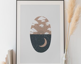 Day and Night Wall Art, Sun and Moon Poster, Digital Download Poster, Boho Wall Art, Moon Print, Sun Print, Instant Download Wall Art