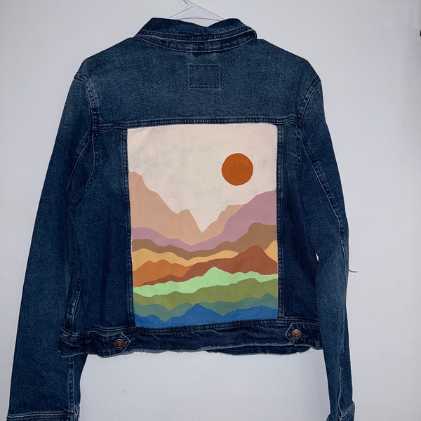 Hello Sunshine Mountains Hand Painted Denim Jacket | Upcycled | Jean Jacket | Thrifted | Clothing | Apparel | Handmade | Fashion | Gift