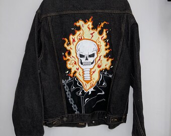 Ghost Rider Hand Painted Denim Jacket | Upcycled | Jean Jacket | Thrifted | Clothing | Apparel | Handmade | Fashion | Gift