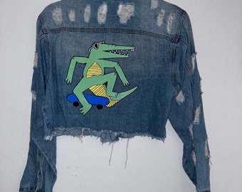 Skater Gator Hand Painted Denim Jacket | Upcycled | Jean Jacket | Thrifted | Clothing | Apparel | Handmade | Fashion | Gift