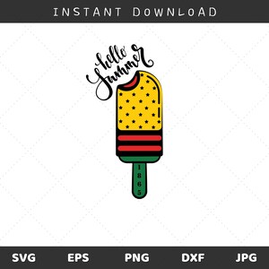 Puede incluir: Un helado de paleta amarillo, verde y rojo con estrellas negras y el texto "hello summer" en letra cursiva negra.