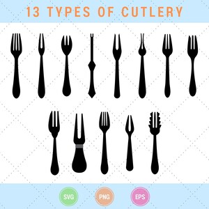May include: A set of 13 black silhouette icons depicting different types of cutlery, including forks, spoons, and knives. The icons are arranged in two rows on a white background with a light blue border.