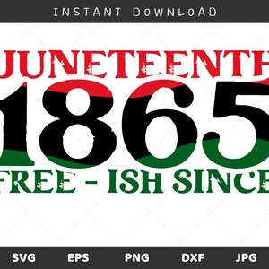 Op de afbeelding: Een grafisch ontwerp met de tekst "Juneteenth 1865 Free-ish Since" in zwart, rood en groen. De tekst is gestyled met een verweerde, vintage look.