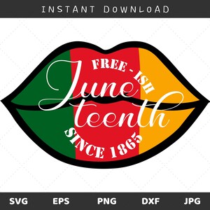 Puede incluir: Labios rojos, verdes y amarillos con el texto "Free-ish Juneteenth Since 1865" en su interior.