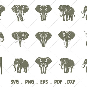 May include: A set of 18 silhouette images of elephants in various poses, including standing, walking, and facing forward. The elephants are all in a dark gray color and are set against a white background.