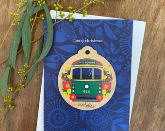 Tarjeta navideña con decoración del tranvía de Melbourne
