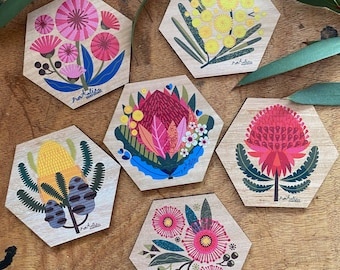 Colección de imanes de madera con flores australianas