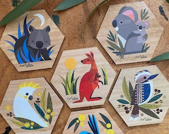 Colección de imanes de madera de aves y animales australianos