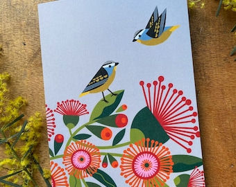 Tarjeta de felicitación de pardalote moteado, flora y fauna australianas