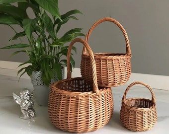 Panier de demoiselle d'honneur, panier de Pâques, panier de Pâques en osier, panier rond en osier avec anse, petit panier en osier, lot de trois paniers en osier