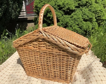Picnic Basket, Wicker Picnic Basket, Picnic Basket With Double Lid, Wicker Basket, Picnic Basket With Handle, Cute Picnic Basket, Basket