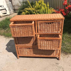 Boho Nightstand Organizer, Handmade Wooden Boxes with Drawers, Rattan Nightstand, Wicker Chest of Drawers, Entryway Table with Drawers