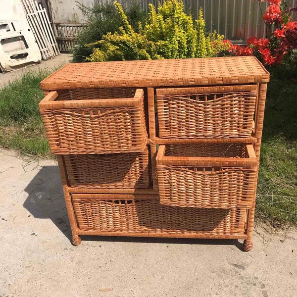 Boho Nightstand Organizer, Handmade Wooden Boxes with Drawers, Rattan Nightstand, Wicker Chest of Drawers, Entryway Table with Drawers