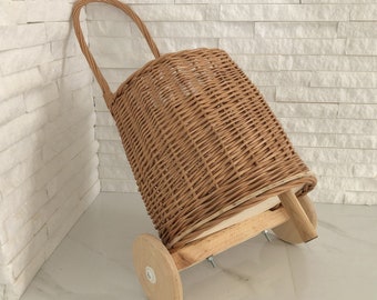 Organic Wicker Shopping Trolley with Handle, Wicker Shopping Cart, Willow Shoping Trolley, Wheels Basket, Wheel Shopping Transport Basket