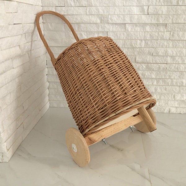 Organic Wicker Shopping Trolley with Handle, Wicker Shopping Cart, Willow Shoping Trolley, Wheels Basket, Wheel Shopping Transport Basket